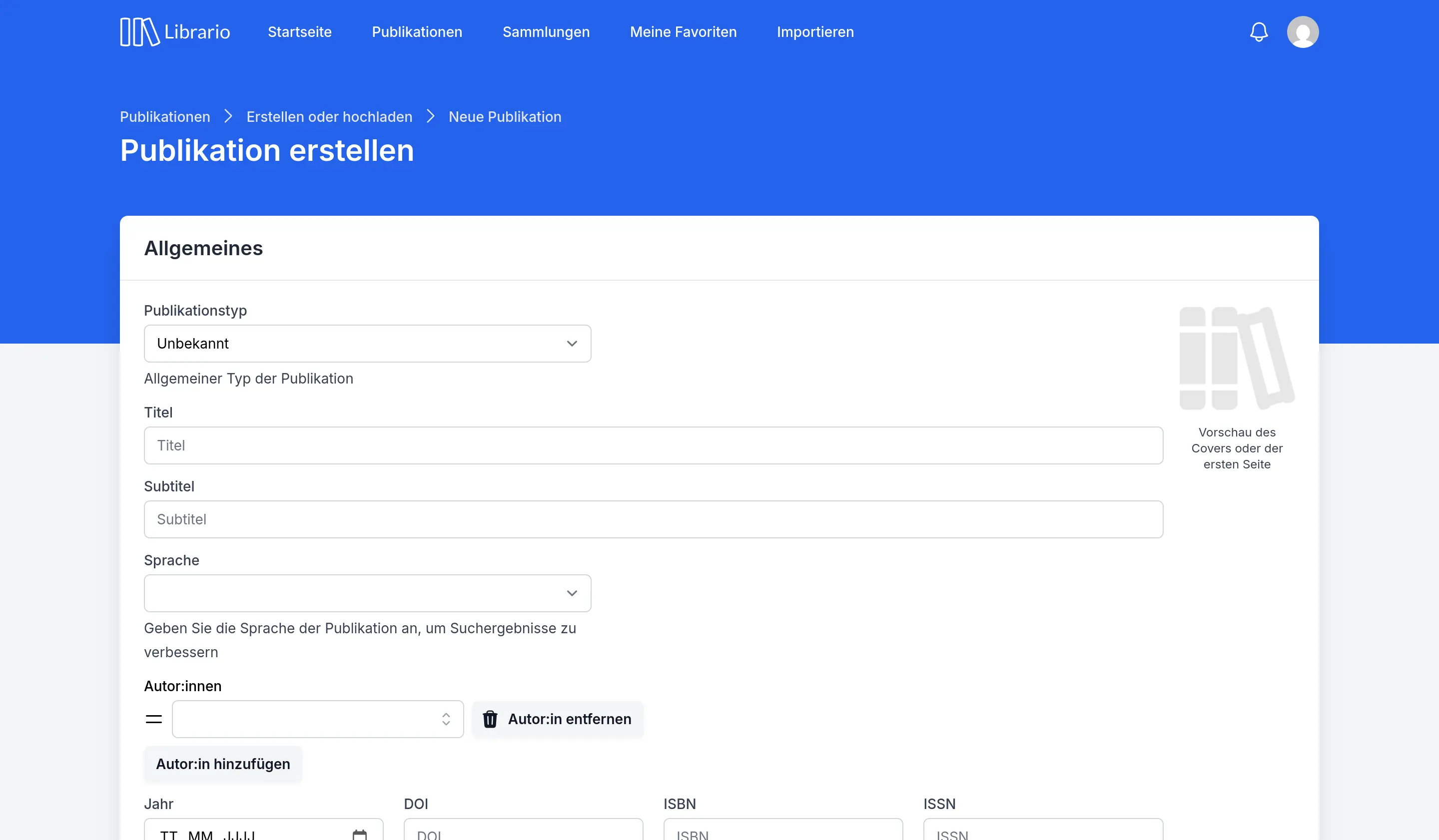 Formular zur manuellen Publikationserstellung: Umfassendes Eingabeformular mit Feldern für bibliografische Angaben wie Publikationstyp, Titel, Autor und verschiedenen Kennungen.