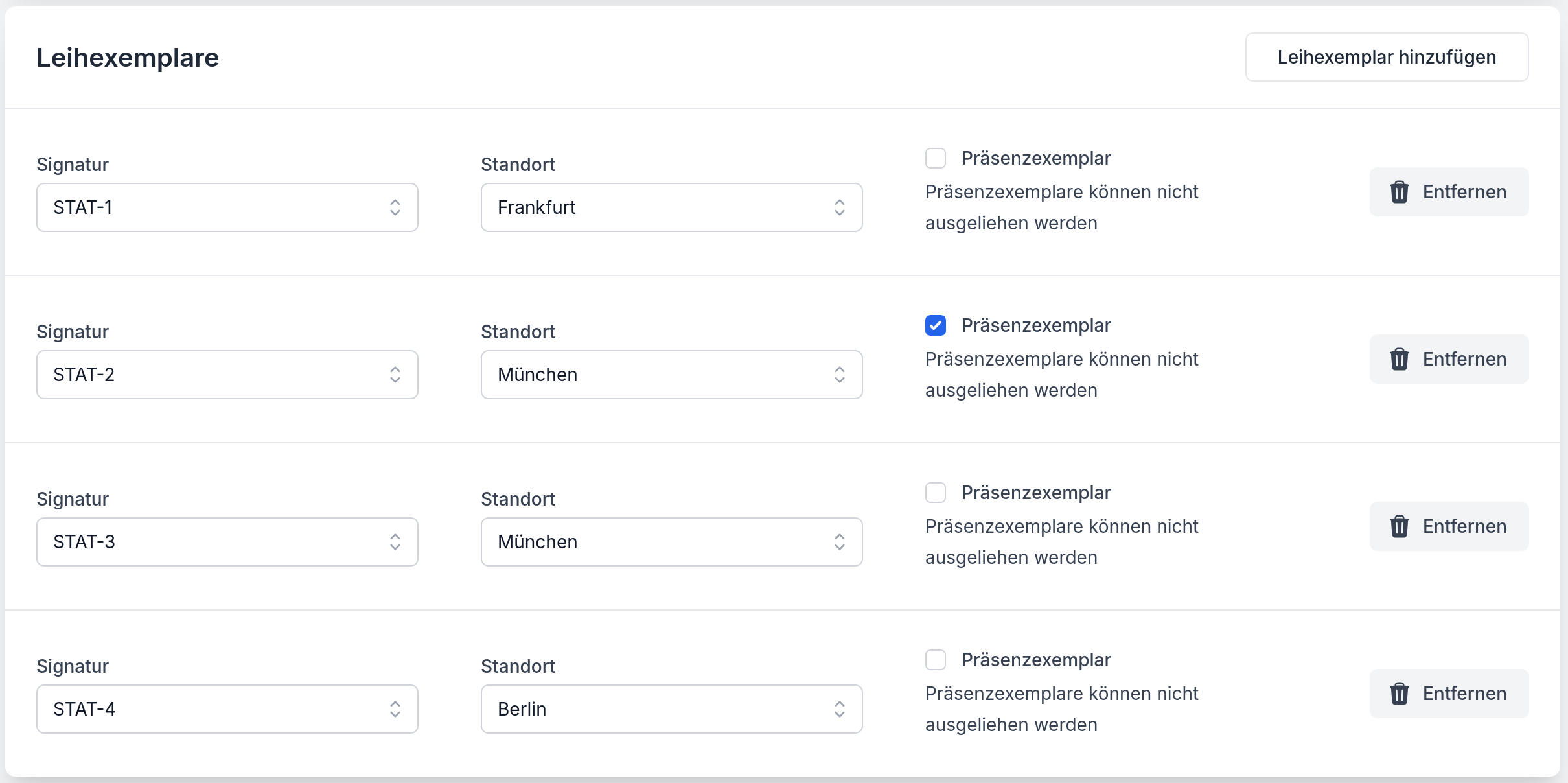 Dialog zum Hinzufügen eines Leihexemplars.
  Eingabefelder für Signatur und Standort, sowie ein Checkbox für Präsenzexemplare.