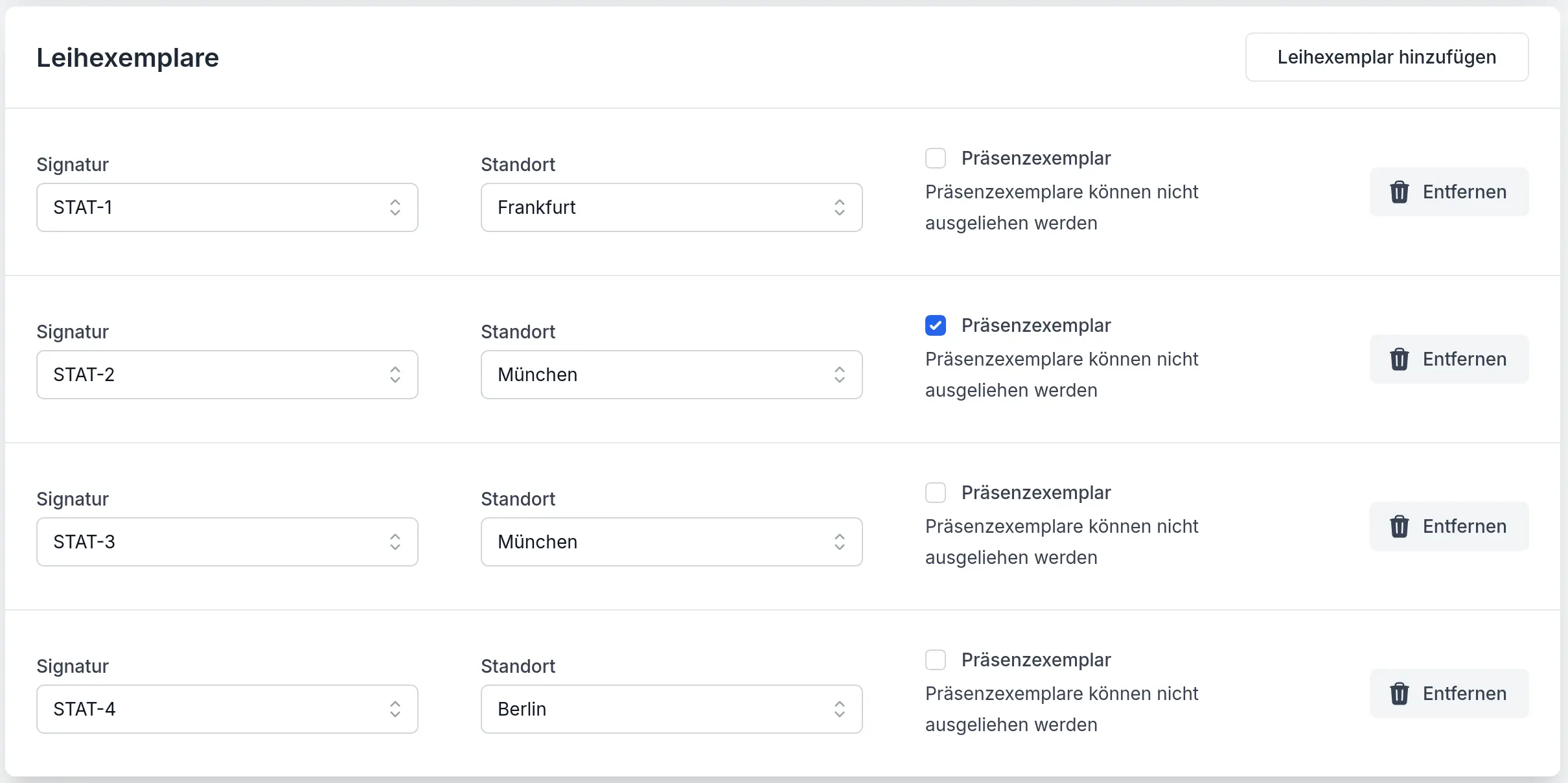Dialog zum Hinzufügen eines Leihexemplars.
  Eingabefelder für Signatur und Standort, sowie eine Checkbox für Präsenzexemplare.