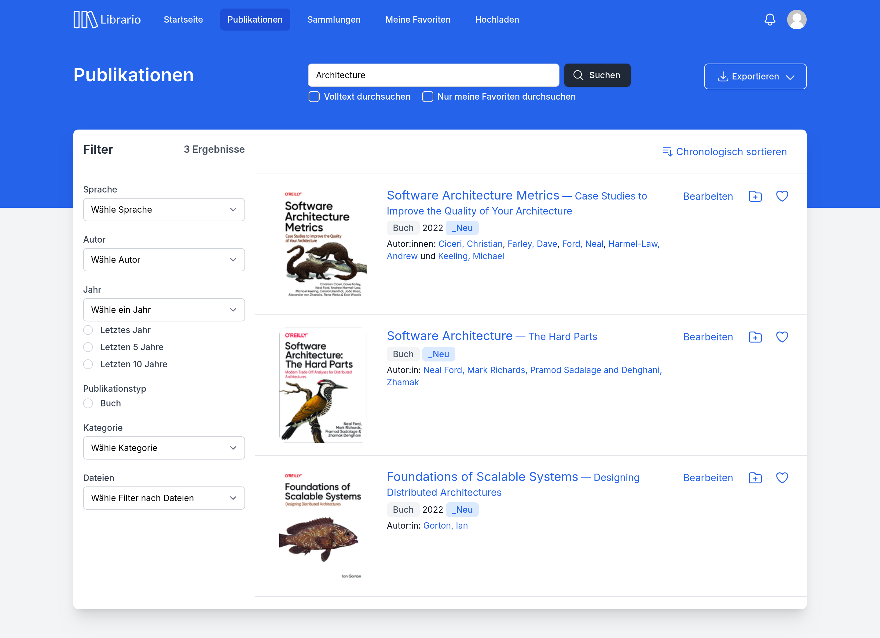Suchergebnisse mit Filtern auf der linken Seite und einer Liste von Publikationen im Hauptbereich.
  Die Publikationen zeigen Coverbilder, Titel, Autoren und wichtige Metadaten.