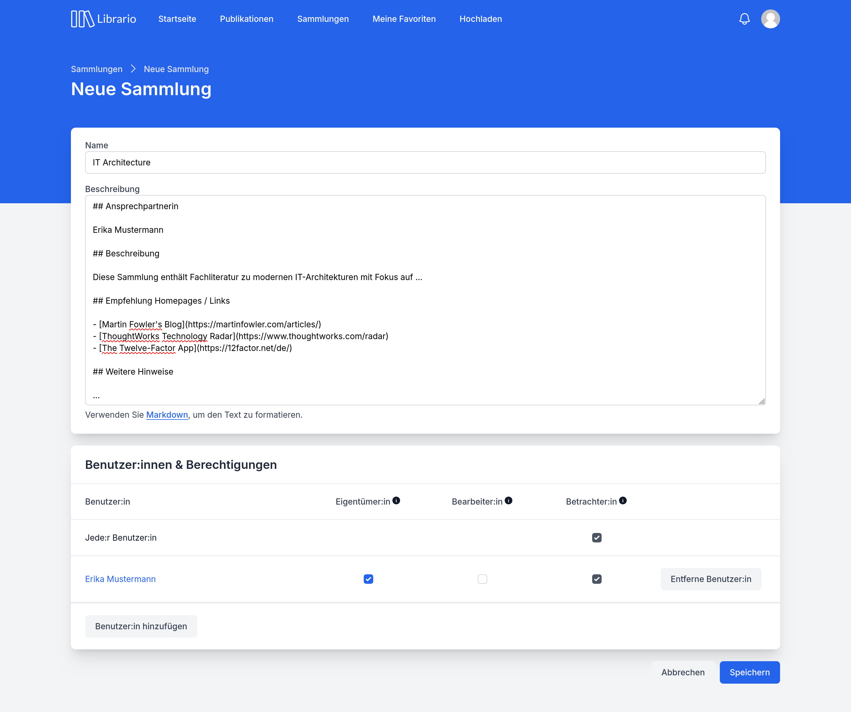 Screenshot des Formulars zum Erstellen einer Sammlung.|
  Das Formular enthält Felder für den Namen und eine Beschreibung mit Markdown-Formatierung.
  Darunter befindet sich ein Bereich für die Vergabe von Berechtigungen.