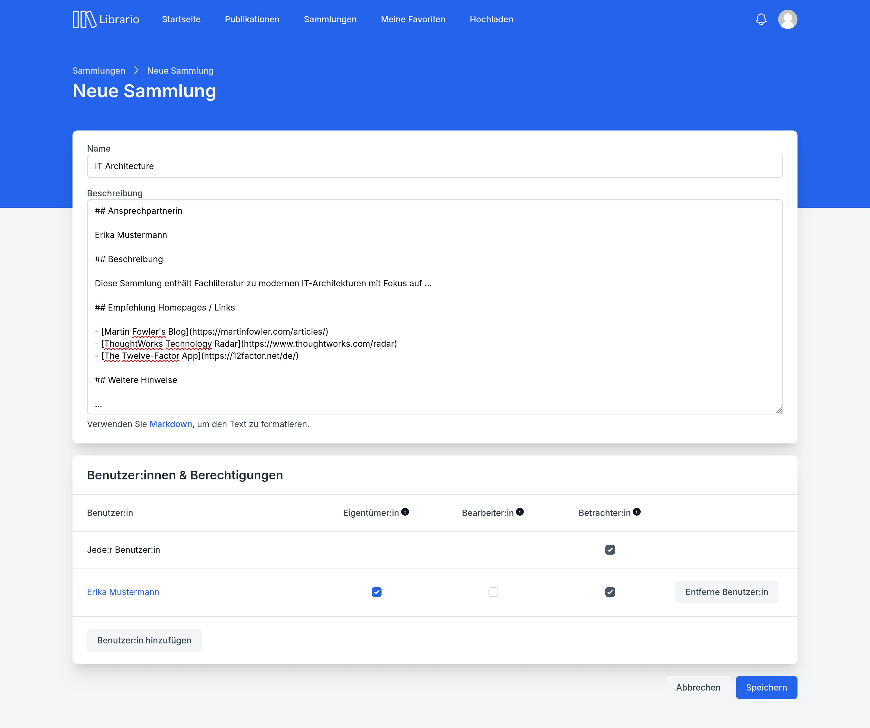 Screenshot des Formulars zum Erstellen einer Sammlung.|
  Das Formular enthält Felder für den Namen und eine Beschreibung mit Markdown-Formatierung.
  Darunter befindet sich ein Bereich für die Vergabe von Berechtigungen.