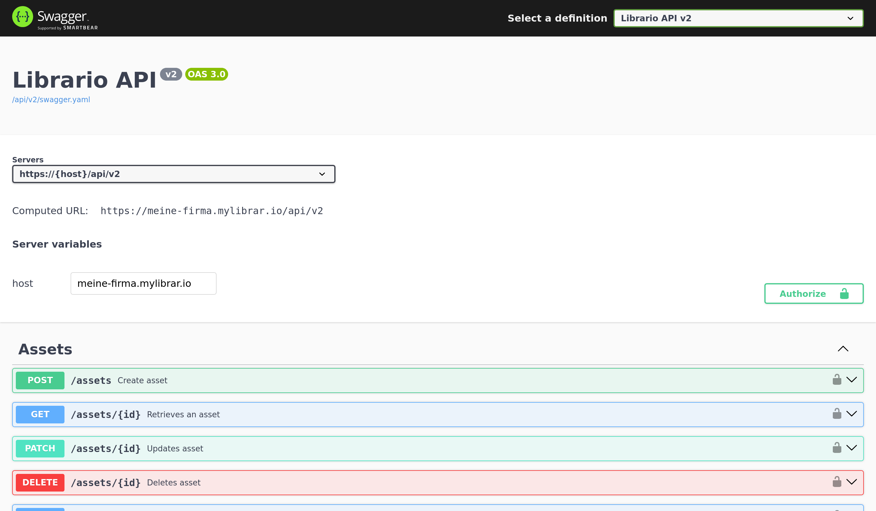 Screenshot der Swagger UI Dokumentation der Librario API.
  Links sind die verschiedenen API-Endpunkte nach Ressourcen gruppiert zu sehen.
  Rechts werden die Details des ausgewählten Endpunkts mit Parametern und Beispielantworten angezeigt.