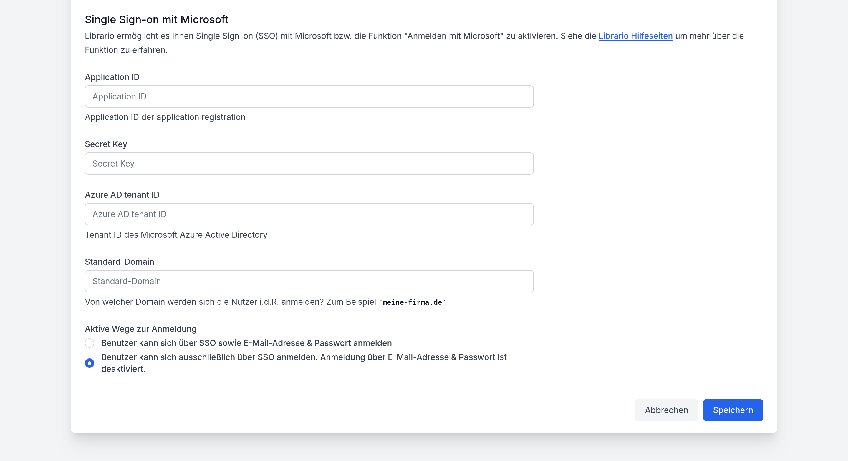 Screenshot der Microsoft SSO-Konfiguration in Librario.
  Das Formular zeigt Eingabefelder für Application ID, Secret Key, Entra ID tenant ID und Standard-Domain.
  Unten gibt es Optionen zur Konfiguration der Anmeldemethoden.