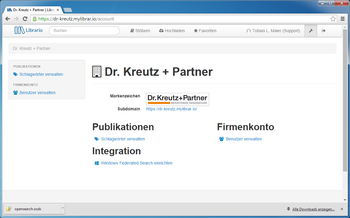 Screenshot der Konto-Einstellungen in Librario.
  Im Hauptbereich sind drei Abschnitte zu sehen: "Publikationen", "Firmenkonto" und "Integration".
  Unter Integration befindet sich der Link "Windows Federated Search einrichten".