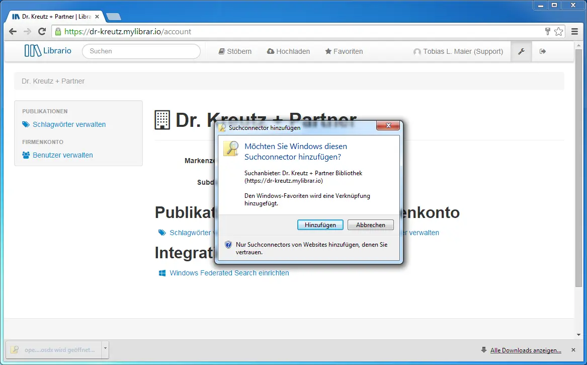 Windows-Sicherheitsdialog mit der Überschrift "Suchconnector hinzufügen".
  Der Dialog fragt, ob Windows den Suchconnector für die Librario Bibliothek hinzufügen soll, mit den Optionen "Hinzufügen" und "Abbrechen".