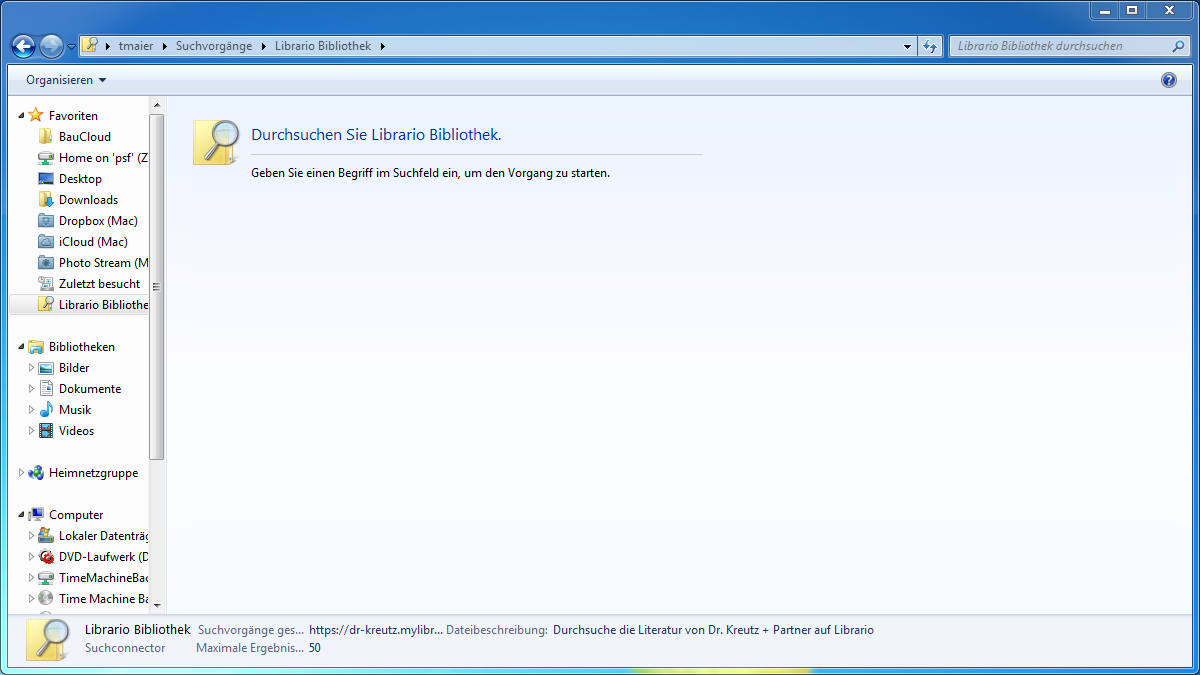 Windows Explorer-Fenster mit der neu eingerichteten Librario-Suche.
  In der linken Navigationsleiste ist unter "Favoriten" der Librario-Suchconnector zu sehen, im Hauptbereich wird der Text "Durchsuchen Sie Librario Bibliothek" angezeigt.
