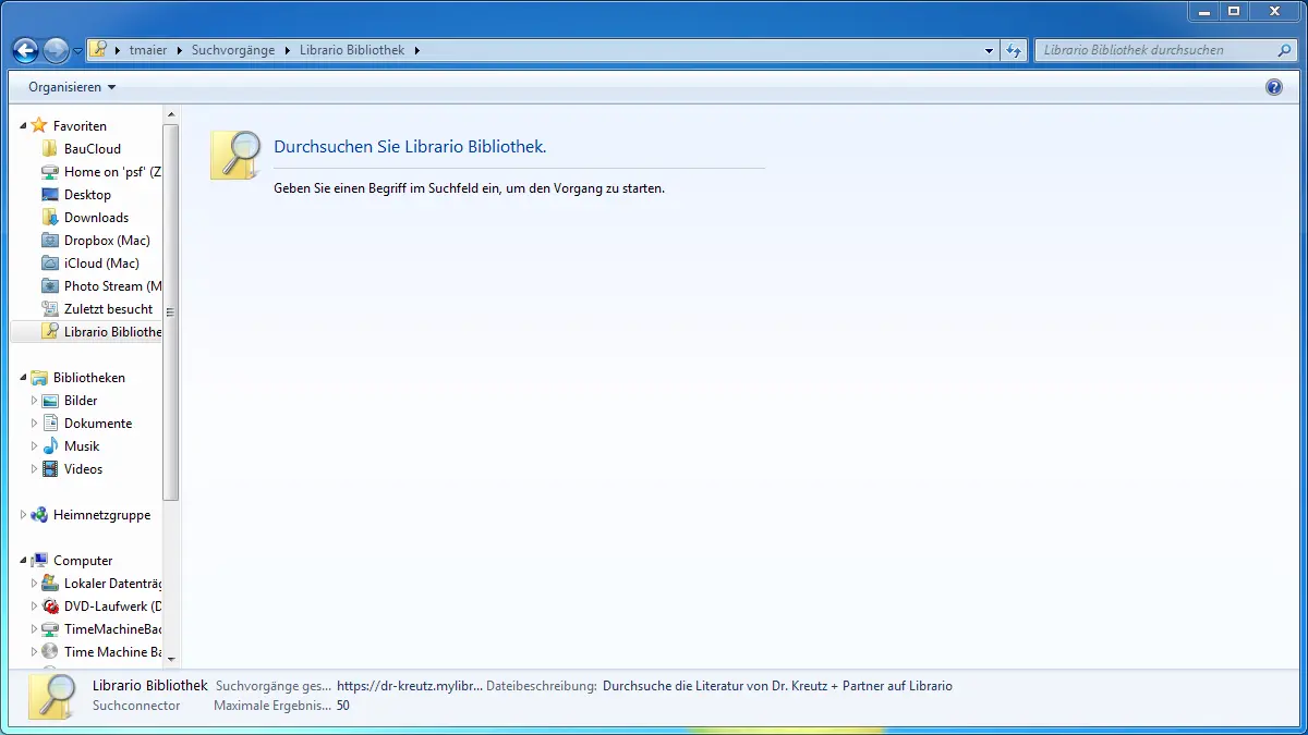 Windows Explorer-Fenster mit der neu eingerichteten Librario-Suche.
  In der linken Navigationsleiste ist unter "Favoriten" der Librario-Suchconnector zu sehen, im Hauptbereich wird der Text "Durchsuchen Sie Librario Bibliothek" angezeigt.