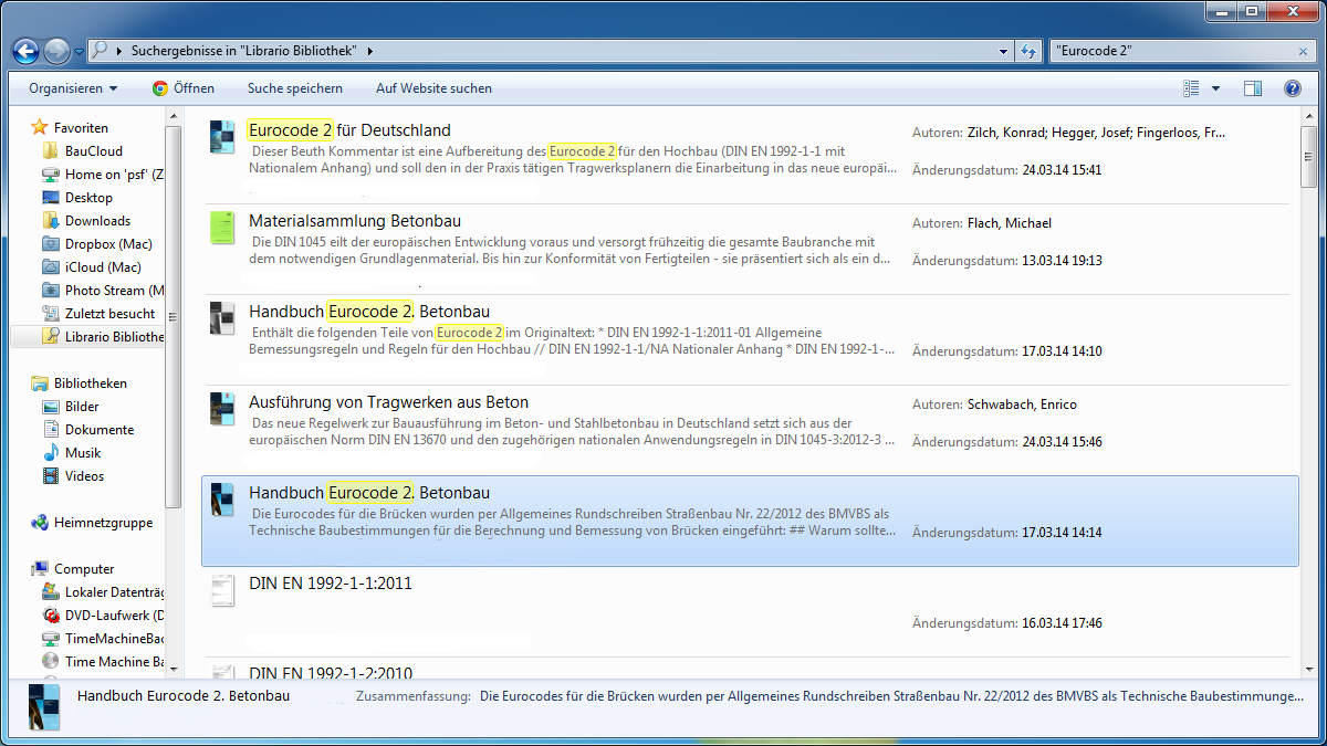 Windows Explorer mit Suchergebnissen für den Begriff "Eurocode 2".
  Die Ergebnisse werden in einer Liste angezeigt, mit Vorschaubildern, Titeln, Autoren und Änderungsdatum.
  Die Treffer umfassen verschiedene Publikationen zum Thema Eurocode 2 und Betonbau.